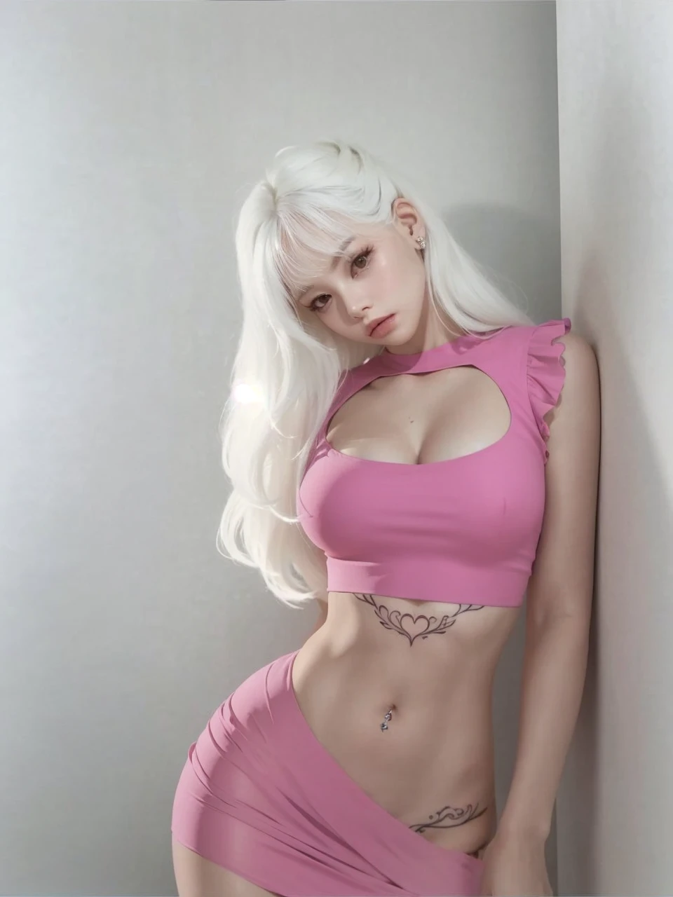 sexy, wavy white hair, deep neckline, small waist, curvilinear, white hair, tatto very delicate, pechos grandes, jennie blackpink, slight fringes in the hair,