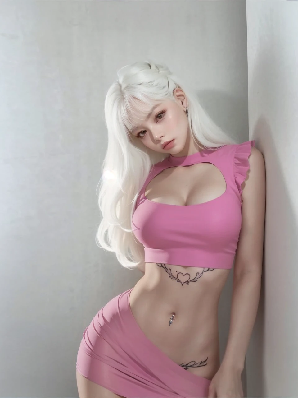 sexy, wavy white hair, deep neckline, small waist, curvilinear, white hair, tatto very delicate, pechos grandes, jennie blackpink, slight fringes in the hair,