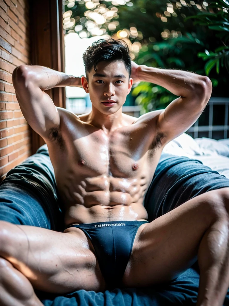 Realistic photography, 8k, smooth skin, handsome young muscular Chinese man, wearing no shirt, wearing only black thong, huge bulge, bedroom, lying down on the bed, lifted arms, spread legs, facing the sun, body lighting, front lighting