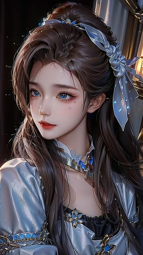 charming, ultra-detailed, illustration, complicated, detailed, extremely detailed, detailed face, Soft Lighting, Soft Light, Soft Focus, Perfect face, beautiful, Accurate anatomy, Overexposure, 8K, 4K, (high resolution:1.1), best quality, (masterpiece:1.3), 1 girl, solitary, Jewelry, Brown eyes, Looking at the audience, earrings, White hair, Bangs, necklace, Residence, portrait, watch, Hair accessories, Simple background, Gray background, Long hair, Headrest, Lips, hair bow, black necklace, bow, eyelash