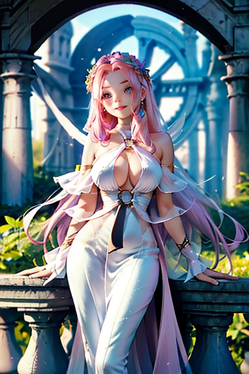 perfect face, perfect hand .A pink haired woman with violet eyes with an hourglass figure in a pretty empire waist gown is smiling in a garden