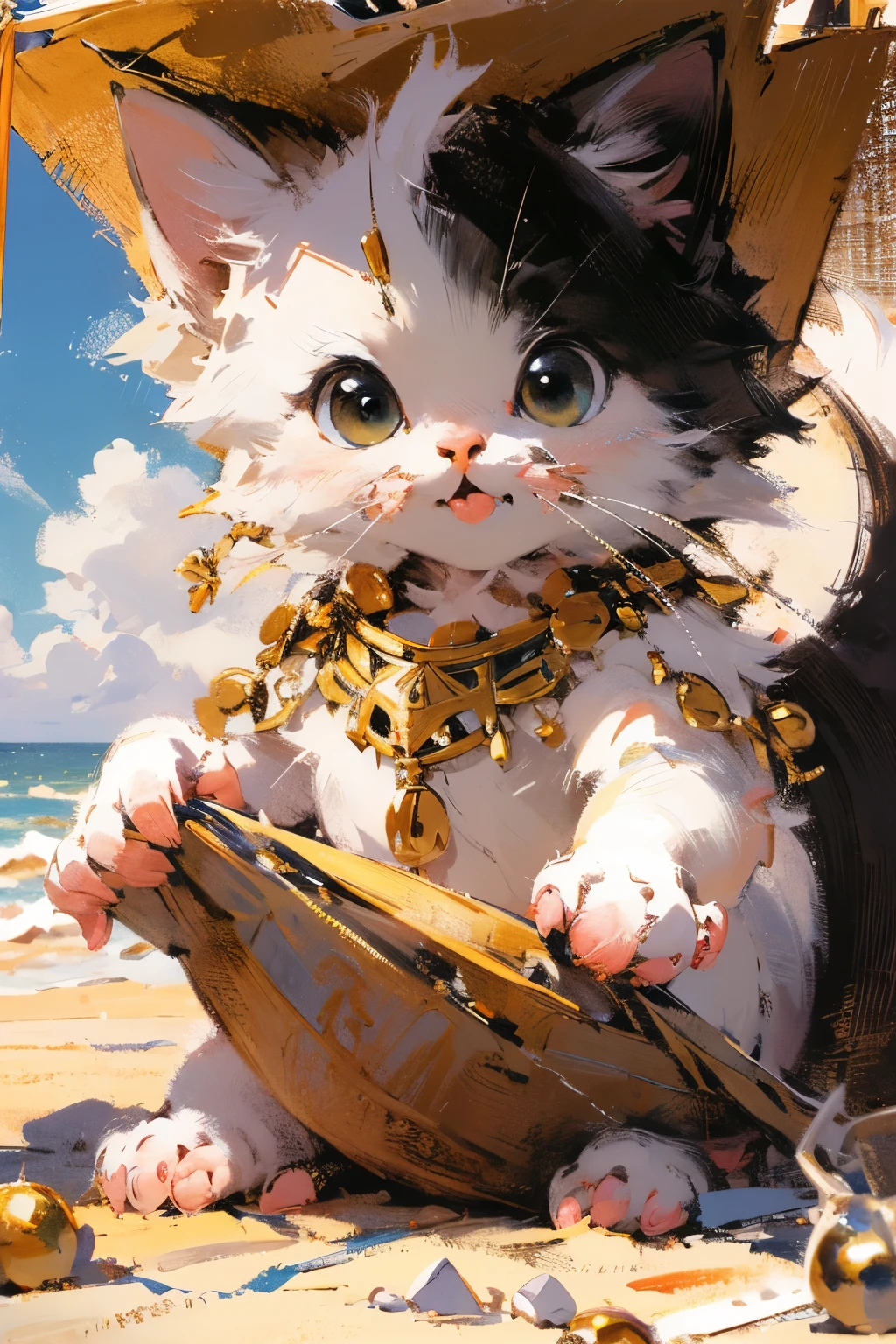 ARTWORK OF A GOLDEN EGYPTIAN WHITE KITTEN IN THE SANDS