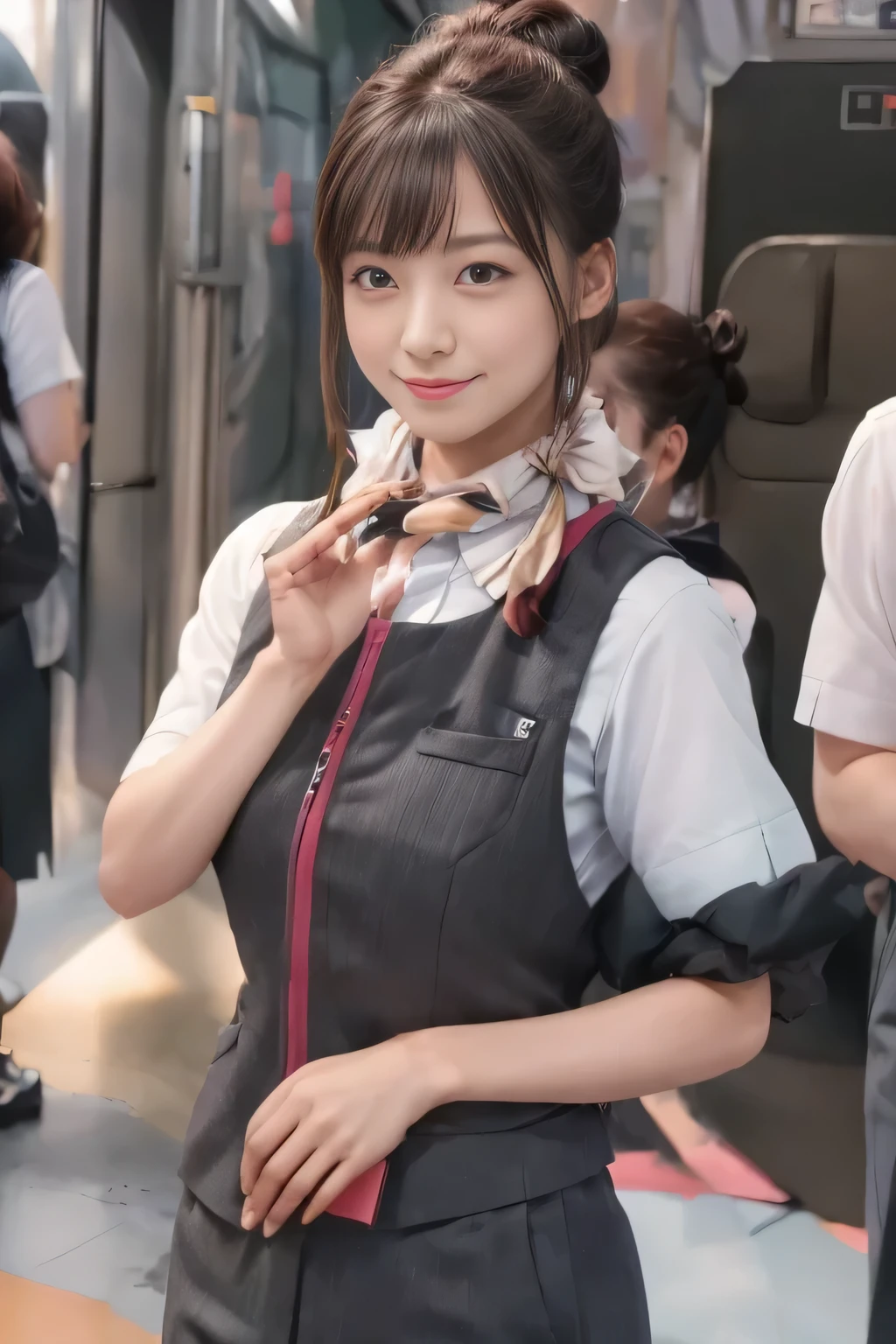 (masterpiece:1.2, Highest quality:1.2), 32k HDR, High resolution, (alone、One girl)、（Ride the bullet train、Professional Lighting）、Background in the car、（Realistic style of JR Gran Class crew uniform）、Short sleeve blouse、a scarf around the neck、（JR Gran Class flight attendant uniform with pink parts on the skirt sleeves）、（The uniform of a flight attendant in JR Gran Class has a pink line on the front zipper of the vest.）、Dark brown hair、（Hair tied up、Hair Bun、Hair Bun）、Dark brown hair、Long Shot、Big Breasts、（（Great hands：2.0）），（（Harmonious body proportions：1.5）），（（Normal limbs：2.0）），（（Normal finger：2.0）），（（Delicate eyes：2.0）），（（Normal eyes：2.0））)、Luxury Necklace、smile、Beautiful standing posture,