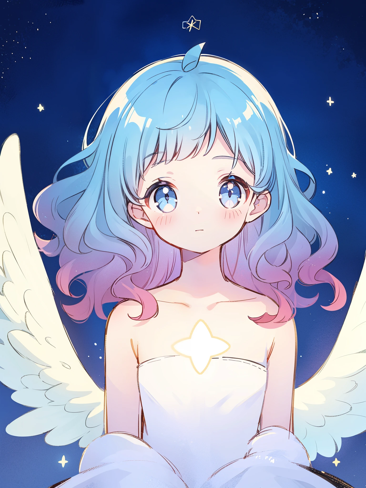 angel girl wearing an ethereal white dress made of feathers, pale skin, ((blue gradient wavy hair)), white feathers, angel wings, sparkling detailed eyes, golden ratio face, perfect composition, highly detailed, ethereal, (starry night sky background), midjourney style