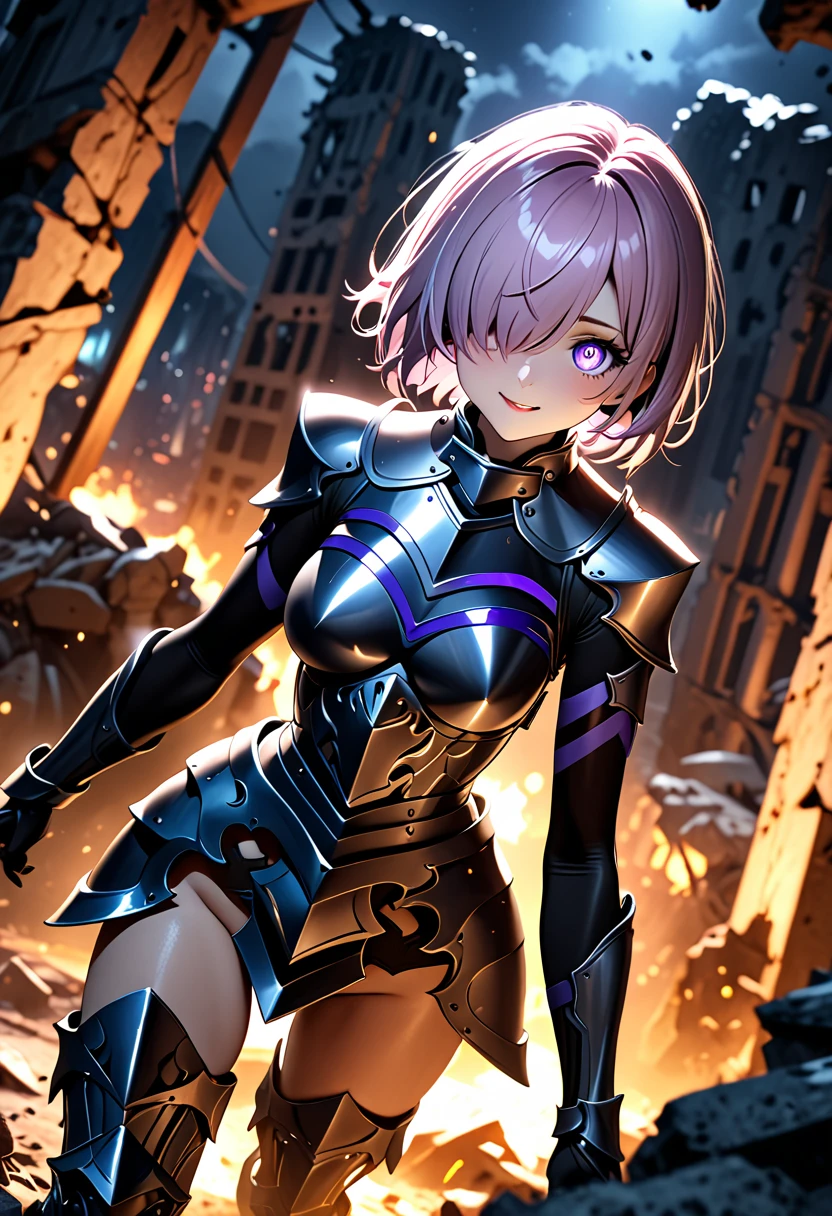 (masterpiece, top quality, best quality, beautiful and aesthetic:1.2), full body, SFW, extremely detailed, detailed face and eyes, cinematic light, depth of field, 1girl, seducing smile, solo, official, (full armored knight:1.4), dark armor, mash kyrielight, light purple hair, short hair, hair over one eye, slim body, cinematic lighting, dramatic lighting, dramatic atmosphere, hyper-realistic, high resolution, stunning contrast, high quality, best quality, 8k, 4k, intricately detailed, (amazing details:1.2), highly detailed skin, powerful presence, vibrant colors, (detailed eyes:1.2), striking eyes, (detailed background), (warzone on background, night, ruins), (dynamic angle:1.2), (dynamic pose:1.2)