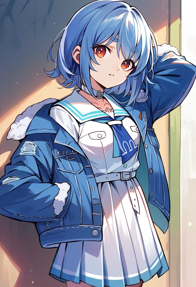 usada pekora casual, official alternate costume, fur-trimmed jacket, choker, denim jacket, open clothes, white belt, long sleeves, open jacket, sailor collar, blue neckerchief, pleated skirt, white sailor collar