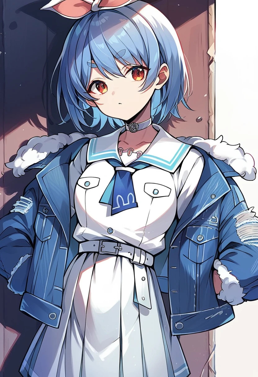 usada pekora casual, official alternate costume, fur-trimmed jacket, choker, denim jacket, open clothes, white belt, long sleeves, open jacket, sailor collar, blue neckerchief, pleated skirt, white sailor collar