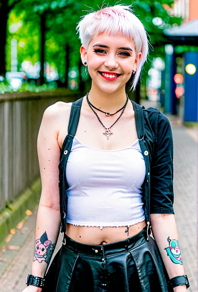 Smiling, female, edgPastelGoth, woman, short white hair, sidecut,undercut, septum piercing, black clothing, platform shoes, solo