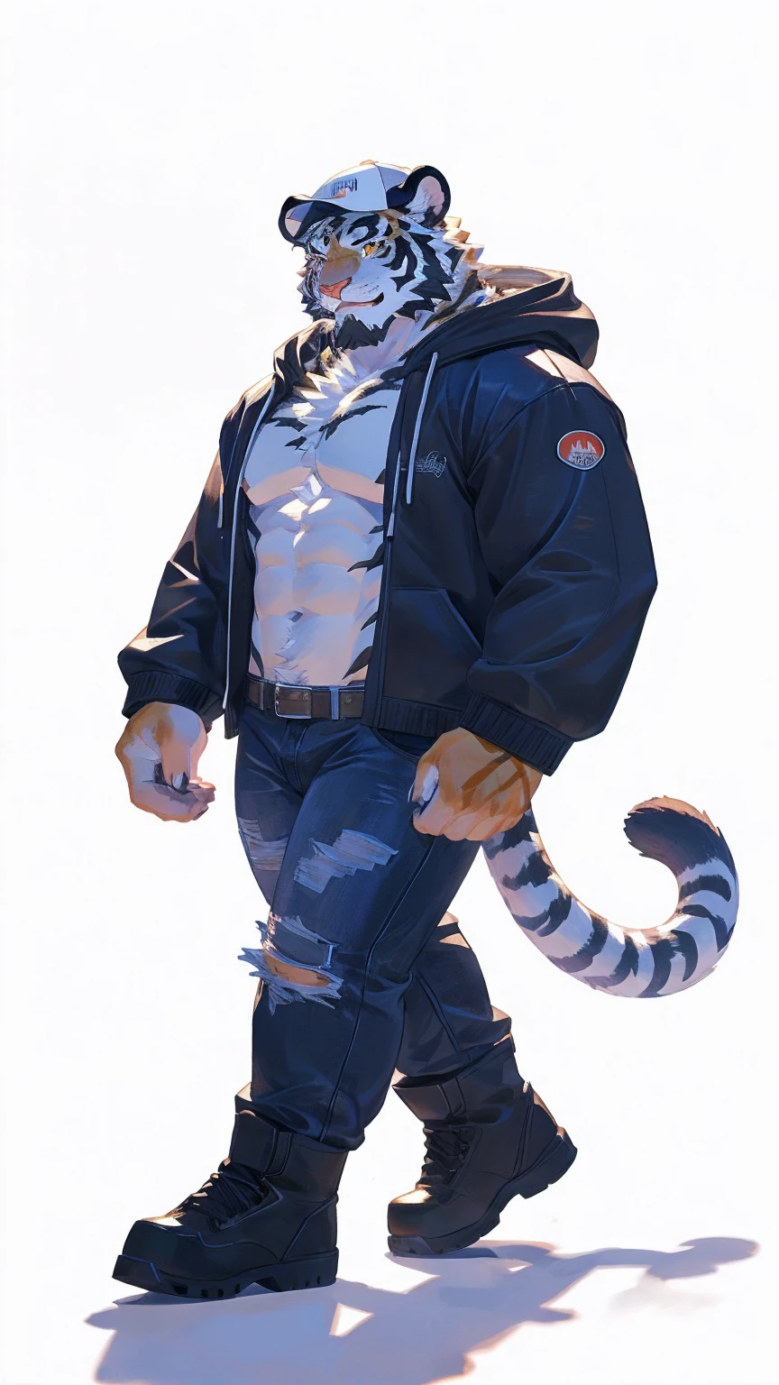(masterpiece:1.2), best quality,pixiv,official art,perfect ???????, (Ray tracing, light),solo, (1_male:1.3) , (muscle), (white fur:1.4), (muscle white tiger), (beard:1.2), (gleaming golden eyes), tiger tail, full body, Thick black eyebrows, baseball cap, (open short hoodie), (naked inside),Ripped short jeans, black short boots, (pure white background: 1.3)
