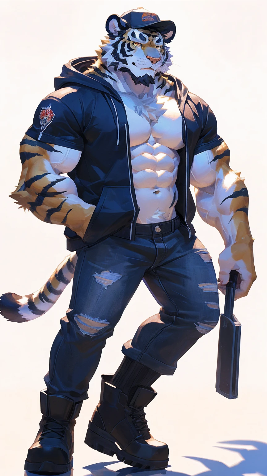 (masterpiece:1.2), best quality,pixiv,official art,perfect anatomy, (Ray tracing, light),solo, (1_male:1.3) , (muscle), (white fur:1.4), (muscle white tiger), (beard:1.2), (gleaming golden eyes), tiger tail, full body, Thick black eyebrows, baseball cap, (open short hoodie), (naked inside),Ripped short jeans, black short boots, (pure white background: 1.3)