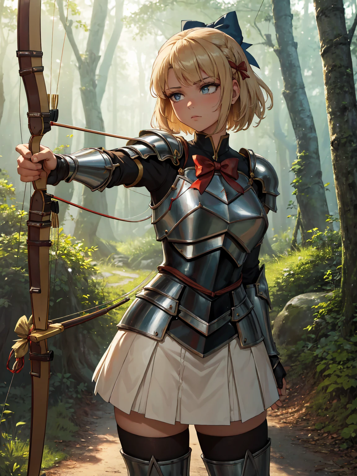 masterpiece, best quality, lineart, anime screencap, sketch, (1girl), blonde hair, short hair, bangs, hair swaying from the wind, bright pupils, sparkling eyes, (archer clothes, lightly armored, leather armor:1.3), solo, neutral expression, looking to the side, facing side, (holding a bow, pulling the bow string, aiming the bow to the side:1.4), light particles, scenery, outdoors, forest, deep forest, woods, cloudy sky, grey skies, bokeh, blurry background, 200mm lens,