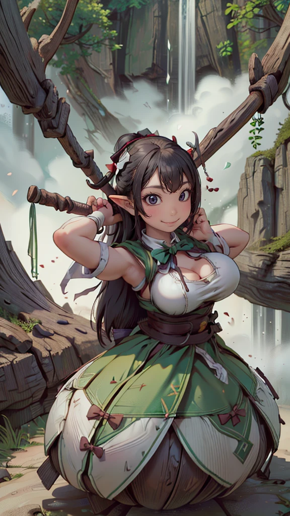 (cute elf ),(archer clothes),(bow on her back:1.5),(messy hairstyle),(large breasts:1.5),in forest background,(Highest image quality, (8K), Ultra-realistic, Best Quality, High quality, High Definition, high quality texture, high detailing, Beautiful detailed, fine detailed, extremely details CG, Detailed texture, realistic representation of face, masterpiece, presence)