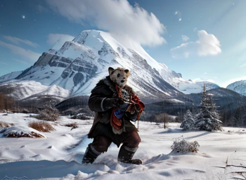  A humanoid polar bear is hunting its food . In the scenario there are immense frozen mountains. The soil and frozen environment, snow covered, icy storm 