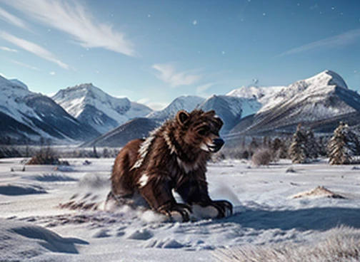  A humanoid polar bear is hunting its food . In the scenario there are immense frozen mountains. The soil and frozen environment, snow covered, icy storm 