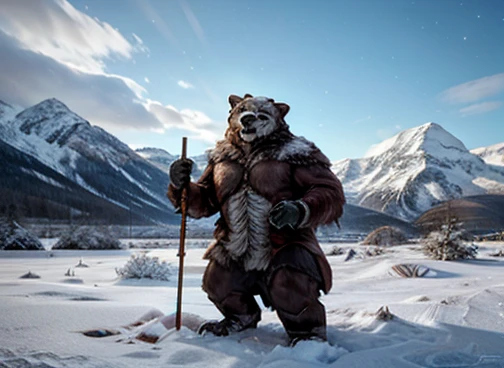  A humanoid polar bear is hunting its food . In the scenario there are immense frozen mountains. The soil and frozen environment, snow covered, icy storm 