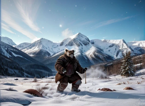  A humanoid polar bear is hunting its food . In the scenario there are immense frozen mountains. The soil and frozen environment, snow covered, icy storm 