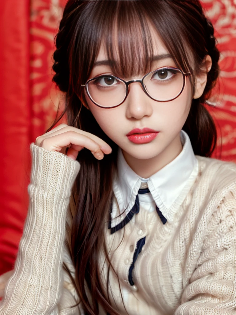 RAW Photos, 8K, (Highest quality), Realistic, (live-action, Intricate details), (Natural skin texture, Detailed skin, Hyperrealism, Sharpness), (Japanese  girl with glasses sitting on a hotel bed), ((((Student uniform 1.5)))), White shirt, Open Front, Black bra, A short pleated skirt with a check pattern, White socks, (Pale skin:1.2), Slender body, ((Braided Hairstyles, Blunt bangs)), (Glasses Enchanting Face, Part your lips:1.3, Sagging under the eyes:1.2, Red lips, Dark circles under the eyes, Thick lips), Thighs, Red Wallpaper:1.3, Full Body Shot