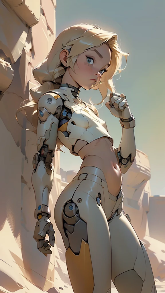 high quality, 4k, masterpiece, beautiful, cyborg girl, cowboy shot, dull eyes, side view, turning around to look at viewer, long blonde hair, girl, small breasts, fit thigh, robotic arms, robotic body, cyborg body, yellow accent, redaccent, intricate detail, joint, detailed lines, robotic detail, holding fist up, holding hand up as fist, color robotic parts, robotic parts with color, perfect fingers, on a desert planet, sunny background, colorful desert,
(nsfw:0.55), ((flat chested, flat stomach, baby face)), (intense colors)