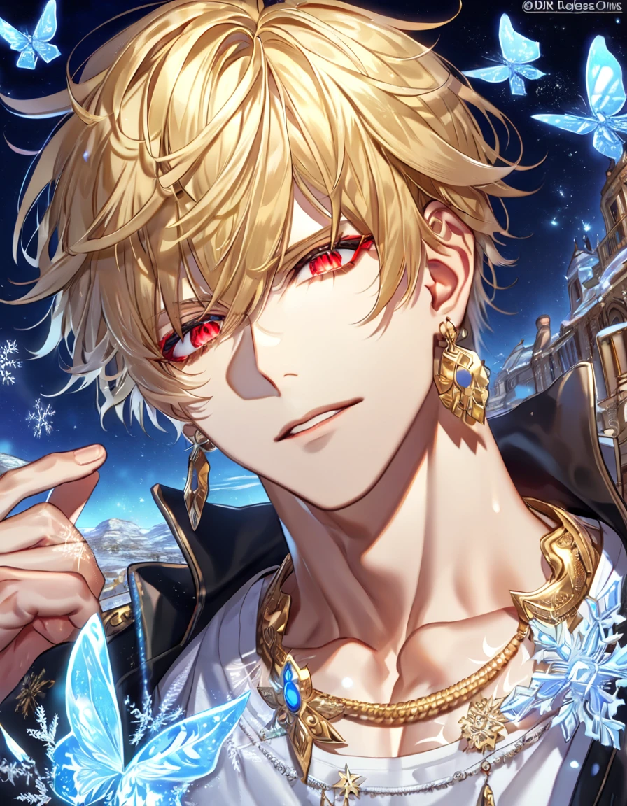 absurdres, highres, ultra detailed, HDR, master piece, best quality, extremely detailed face, delicated features, Gilgamesh, blonde hair, expressive red eyes, fate grand order, black jacket, white T-shirt, golden earrings, solo, sexy man, handsome, fantasy, magical, ice, blue fire, ice butterflies, snowflakes, starry night
