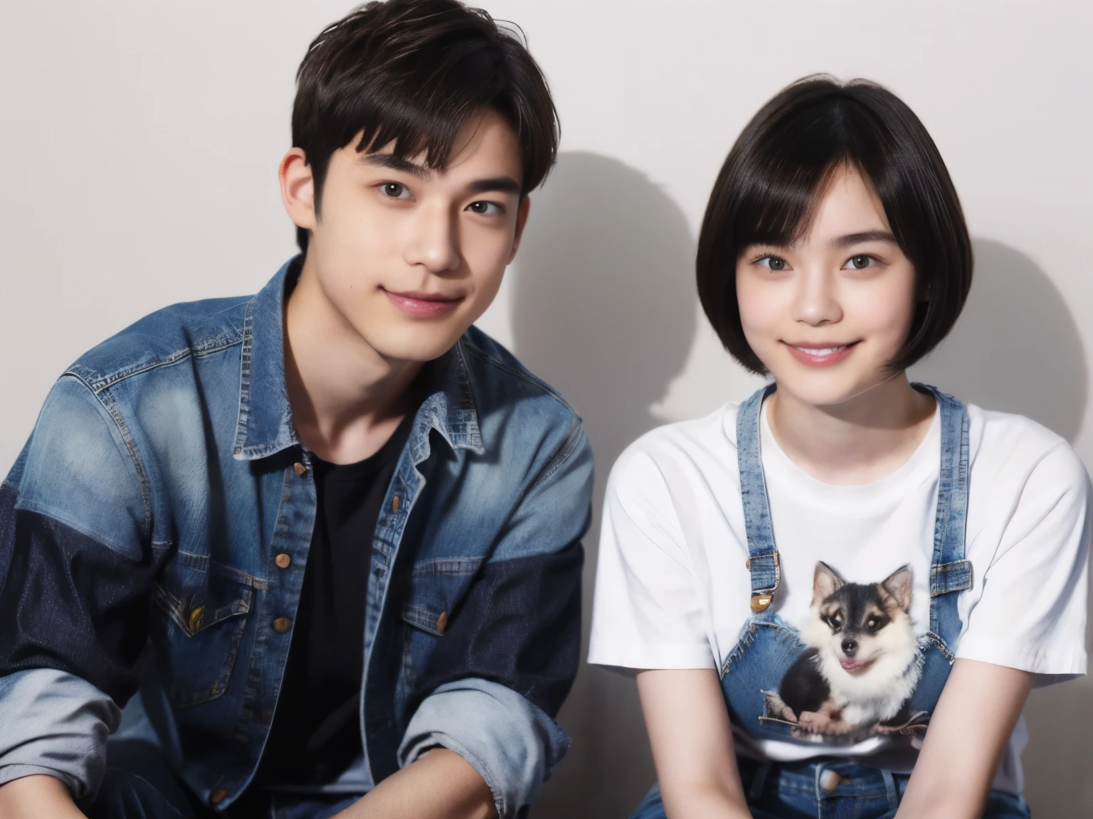 250 (An 18-year-old female and an 18-year-old male), (short hair),kind, lipstick, (jeans), (Animal charactersTshirt), smile