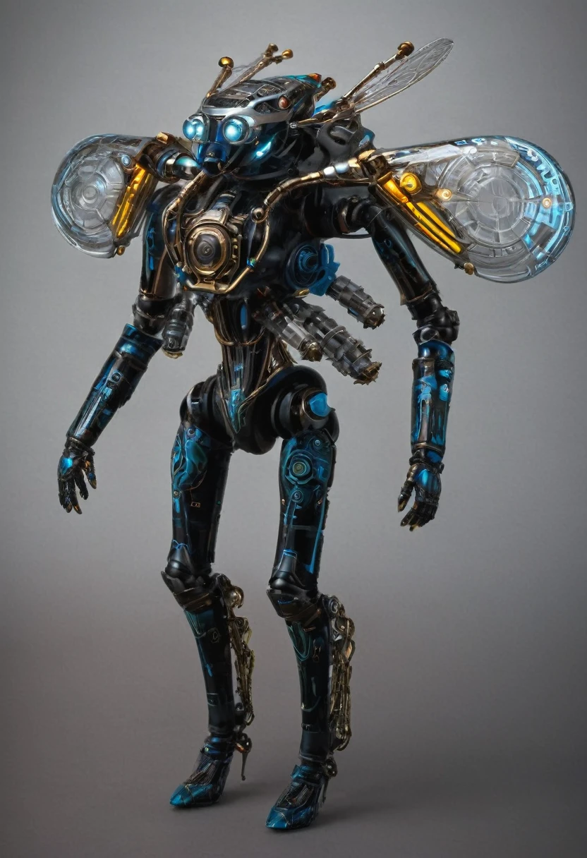 The portrait of a young electronic mechanical insect android flying in the dark and showing its circuits and gears through its transparent plastic skin.