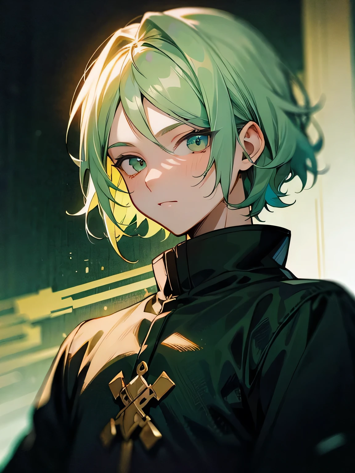 (looking at viewer),solo,man,male,s eyes,parted bangs,upperbody, Light green hair, thin medium hair:1.2, dark traveler's clothes, wants to say something, smile,ahoge,fighting stance