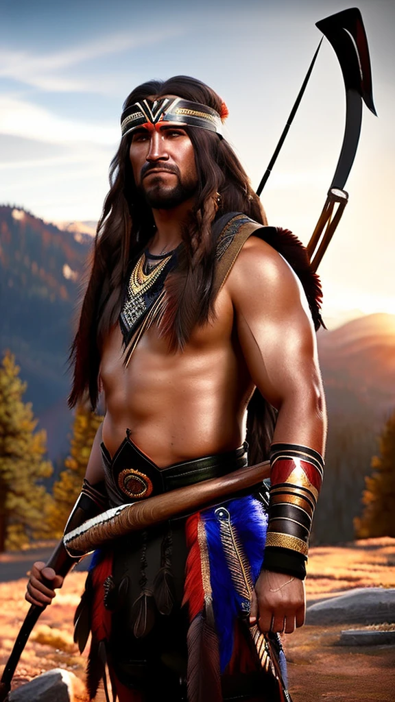 a native american archer, american indian, wilderness, wild west era, skilled bow archer, traditional tribal costume, leather and feathers, detailed face and eyes, long hair, rugged terrain, rocky mountains, pine forests, golden sunset lighting, cinematic dramatic lighting, dark moody colors, highly detailed, 8k, hyper realistic, unreal engine, photorealistic