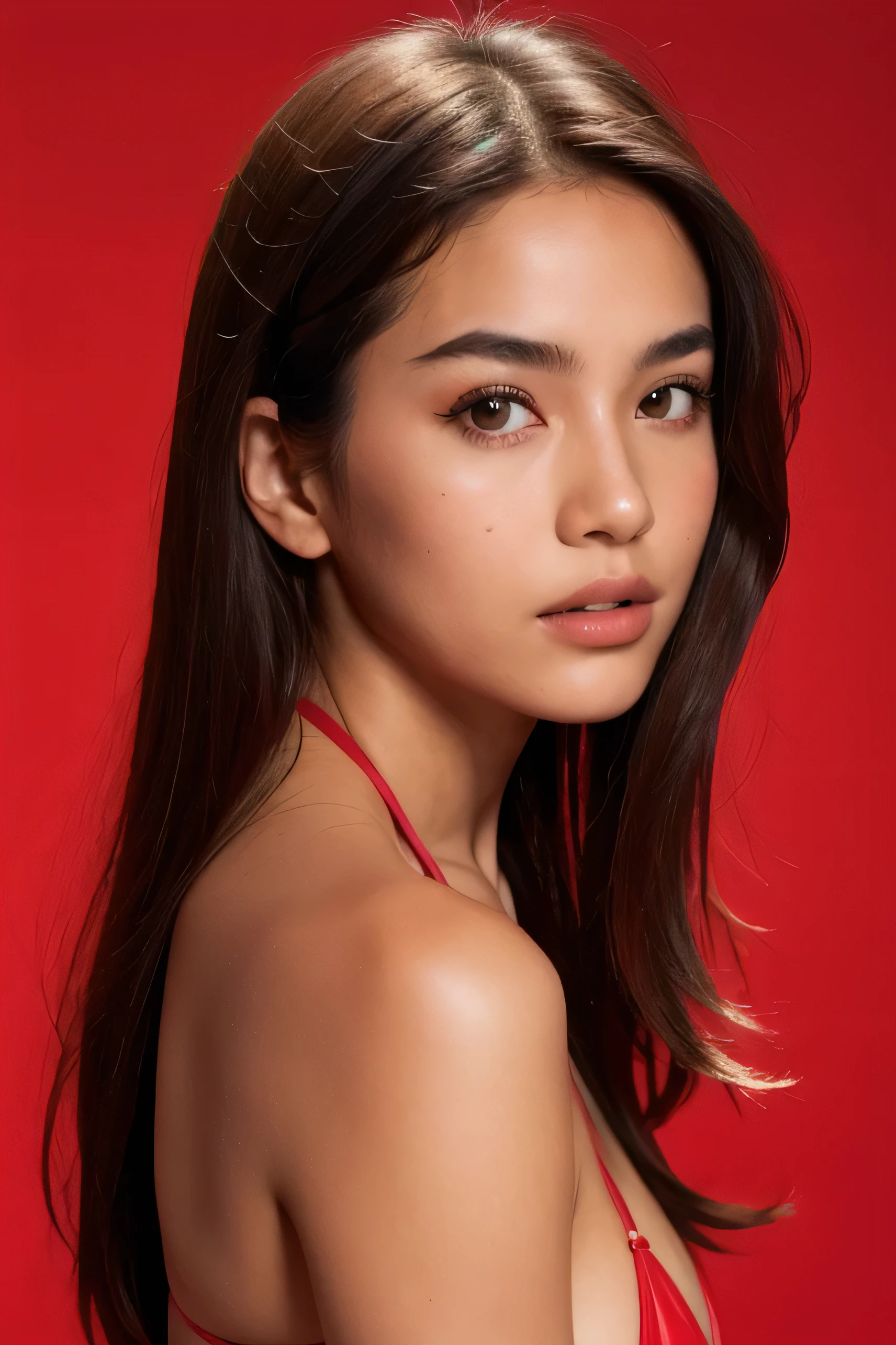 face perfect, beautiful face a in a bikini ,with red background