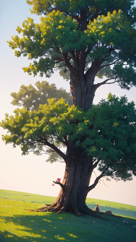 A heart-shaped tree stands on top of a hill