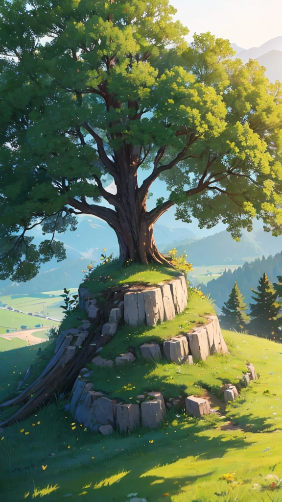 A heart-shaped tree stands on top of a hill