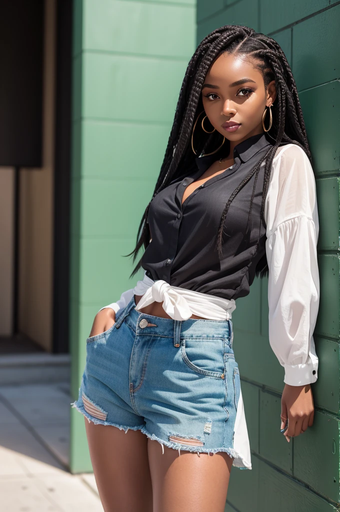 A black woman with dark eyes with dark brown box braids in denim shorts and a green blouse in a square