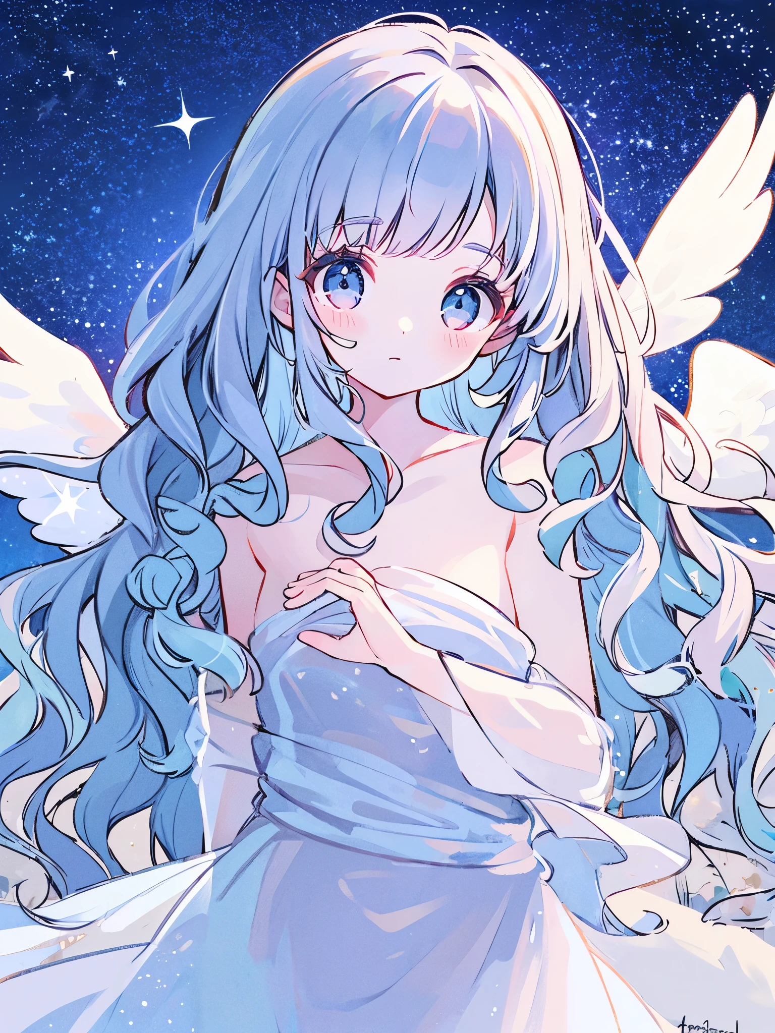 nude angel girl wearing an ethereal translucent dress, pale skin, ((blue mint wavy hair)), white feathers, angel wings, sparkling detailed eyes, golden ratio face, perfect composition, highly detailed, ethereal, (starry night sky background), midjourney style