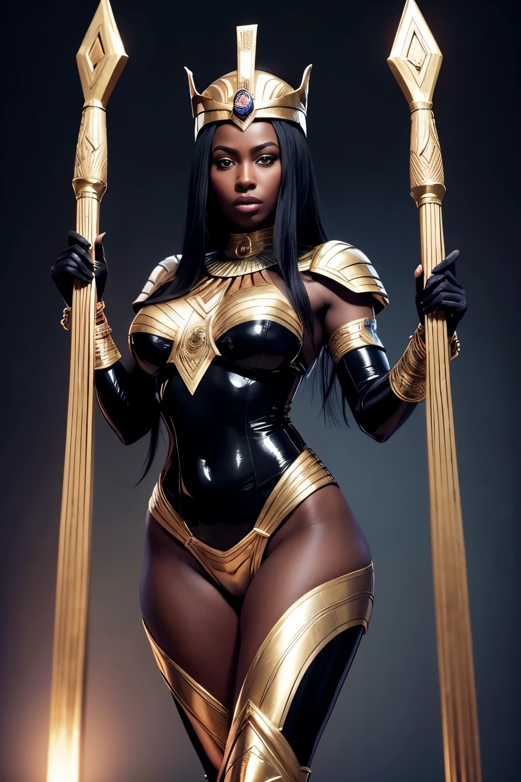 1. Magnificent woman with a rich dark skin complexion, adorned in an extravagant armor suit inspired by the enigmatic Egyptian Goddess Isis. Dark melanin glistens upon her flawless dark skin, showcasing a womanly figure that is both commanding and alluring.

The armor suit and gloves boast intricate designs, with the suit's contours accentuating her impossibly small waist, boasting a waistline that rivals the most  of measurements. In stark contrast, her circumference of lower extremities far exceeds 90 inches, her hips as massively immense as the mighty pyramids themselves, carrying the worlds