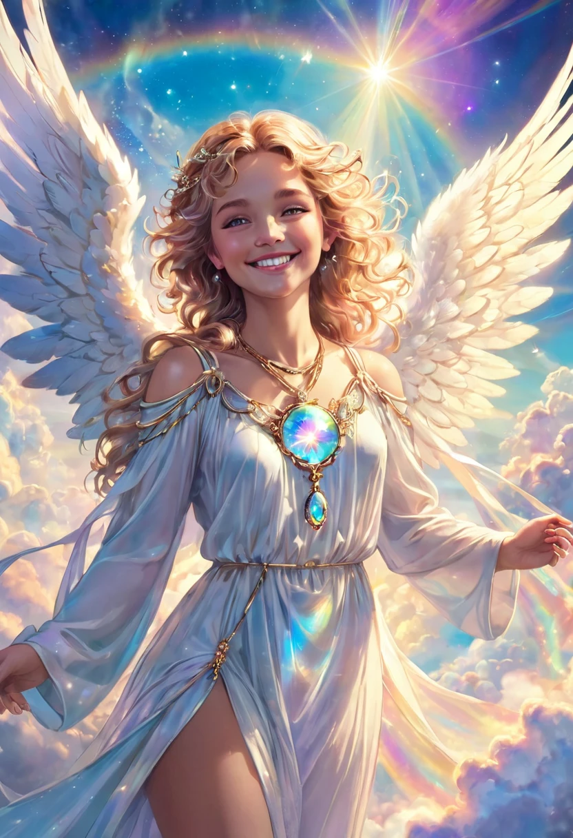 Close-up, smiling beautiful angel with iridescent pendant, jewelry, necklace, above the clouds, heaven, surrounded by light, magic