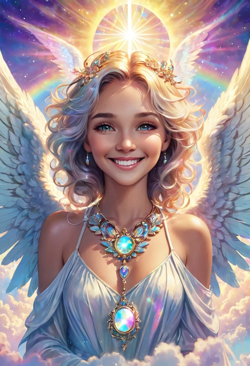 Close-up, smiling beautiful angel with iridescent pendant, jewelry, necklace, above the clouds, heaven, surrounded by light, magic