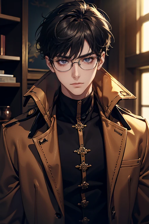 (tmasterpiece, high resolution, ultra - detailed:1.0), (1 boy, Young male), Eyes looking at the camera, Perfect male body, Extremely detailed CG, 8K wallpaper, Complicated details, solo person, Detailed face,(Black hair, brown coat,brown sweater, Glasses), color difference, Depth of field, dramatic shadow, Ray tracing, Best quality, Cinematic lighting, offcial art
