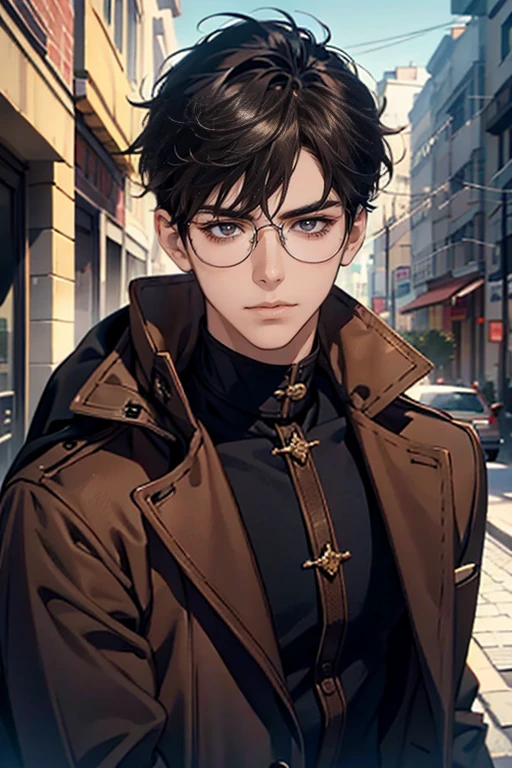 (tmasterpiece, high resolution, ultra - detailed:1.0), (1 boy, Young male), Eyes looking at the camera, Perfect male body, Extremely detailed CG, 8K wallpaper, Complicated details, solo person, Detailed face,(Black hair, brown coat,brown sweater, Glasses), color difference, Depth of field, dramatic shadow, Ray tracing, Best quality, Cinematic lighting, offcial art