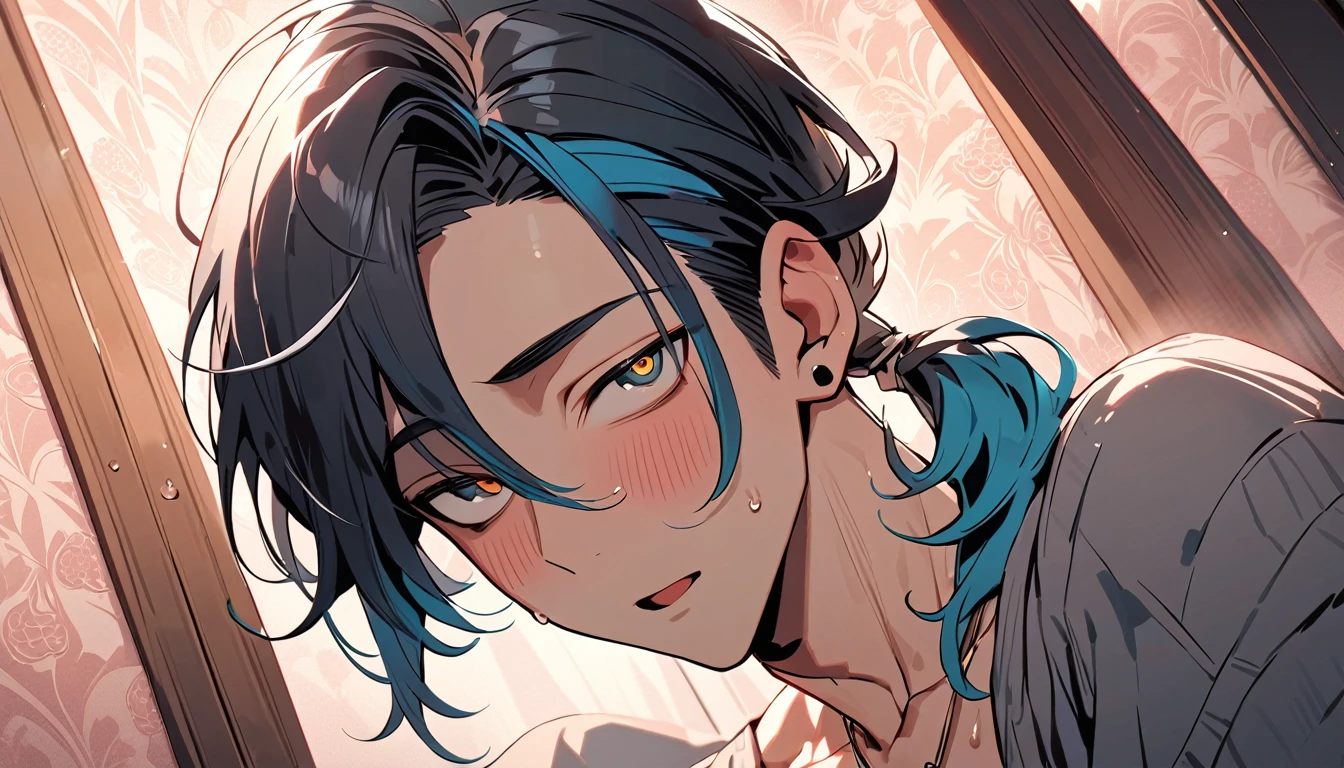 ((((best masterpiece, best quality, wallpaper,)))) solo, guy, male body, small muscles, flat chest, 1male, 30 years old, handsome man, dramatic angle, upper body, looking at viewers, beautiful detailed, mediumturquoise hair, ((((Lower short ponytail)))), asymmetrical bangs, ((short hair,)) blush stickers, sweat, (((perfect face, extremely detailed eyes,))) ((( jitome, gold eyes, ^o^, tareme, droopy eyes,))) perfect hands, sharp nose, clear face, black turtleneck, grey cardigan, ((silver piercing, pendant,)) leggings, pink background color ultrasharp, 8K, masterpiece,