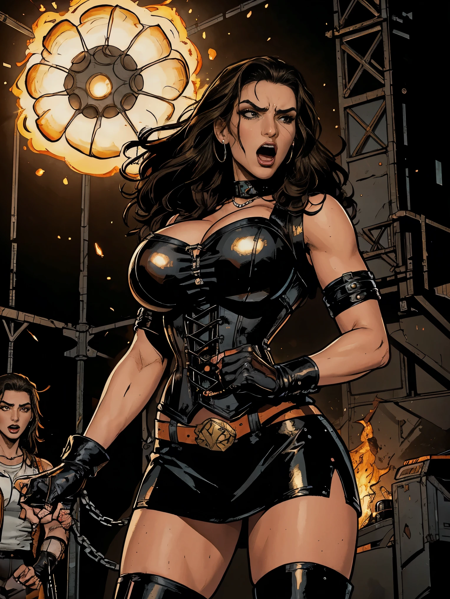 Extremely busty thin and toned brunette death metal singer, college girl, fair skin, big hair, hair pulled back, soft face, athletic, heavy makeup, piercings, black leather, studs, corset, boots, fingerless gloves, tight skirt, chains. standing on a stage, pyrotechnics, holding a microphone, metal concert. (microphone, fist in the sky), angry, rage, screaming. Heavy metal. Death metal. Explosions, fire.