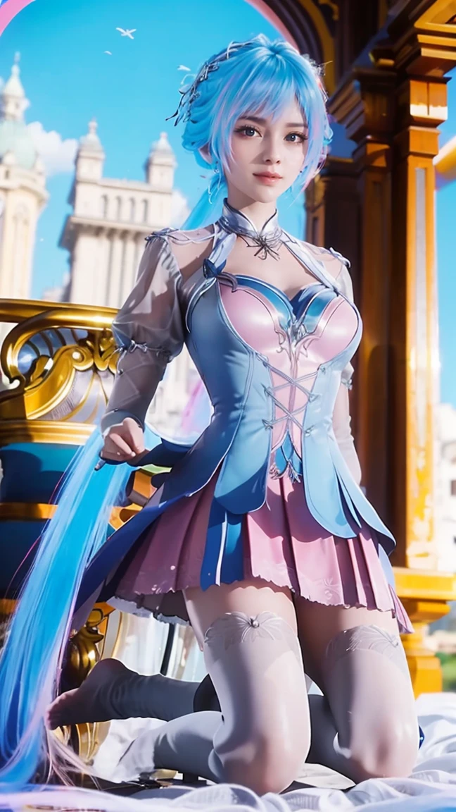 best quality,masterpiece,The Ultimate Solution,Fluffy,Extremely colorful,Mature beautiful woman,(Dress school uniform),Lace skirt,(Beautiful woman beheaded),Normal posture,(Kneeling),Kneeling on the bed,shackles,Beheading,collar,White stockings ,barefoot,Normal posture,Double tail,Colored hair,Blue and Pink Ombre Hair