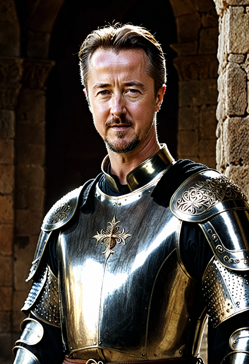 Edward Norton is King Baudouin IV character inspired by the Kingdom of Heaven film, leper king known for wearing a silver mask and armor from ancient Jerusalem in the middle ages