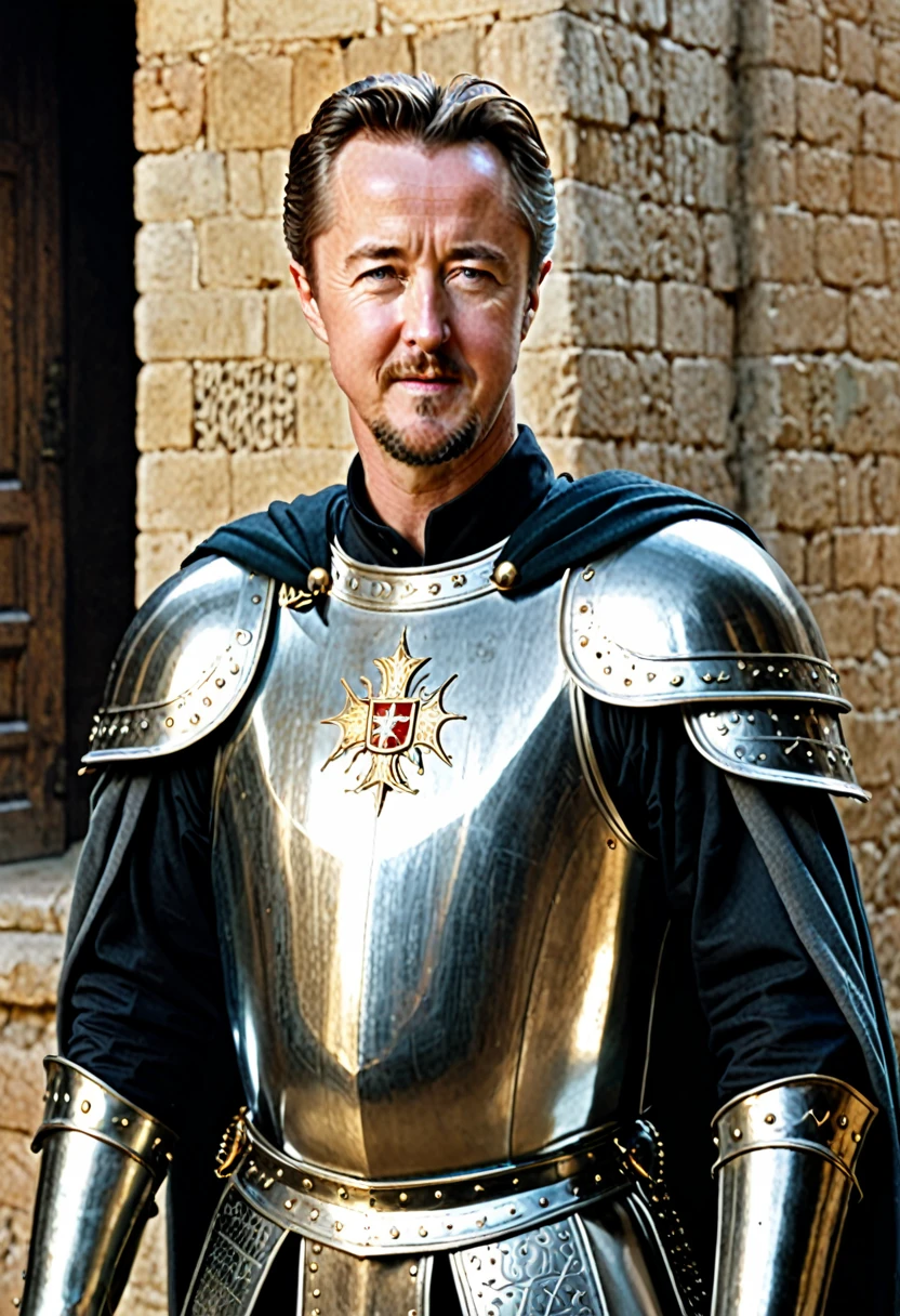 Edward Norton is King Baudouin IV character inspired by the Kingdom of Heaven film, leper king known for wearing a silver mask and armor from ancient Jerusalem in the middle ages