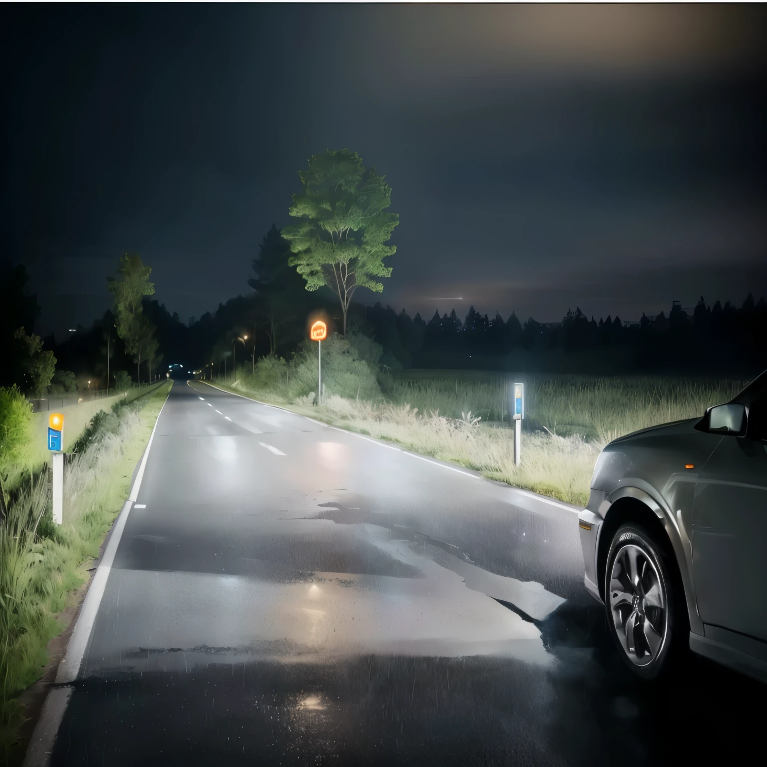 A car is driving on the road at night, forward lighting turned on, forward lighting, Thomas Haffner, bright forward lighting, Car Light, Semi-realism, Semi-realism, high resolution, high resolution, Dark and wet road, sascha schneider, author：Adam Malchinsky, Look left, Leading, emphasize, author：Thomas Bock, head on，No cars opposite