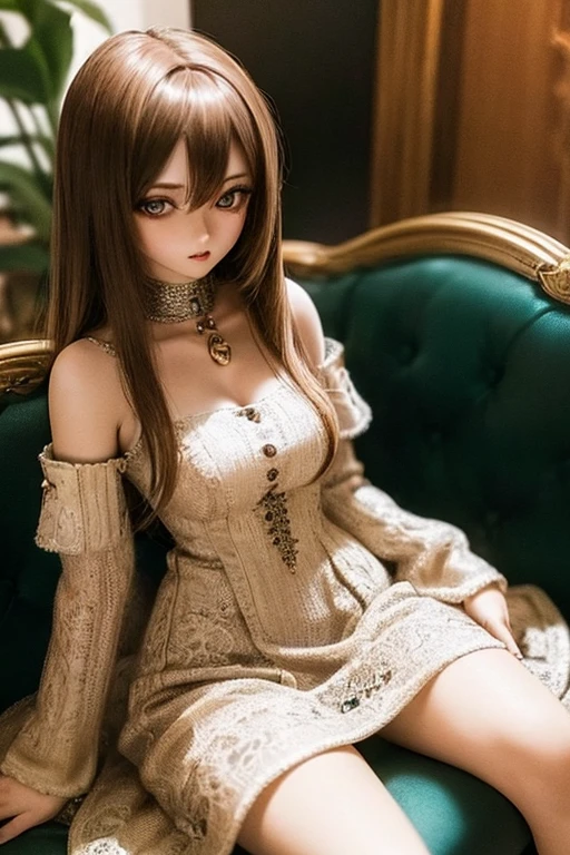 photorealistic, realistic photo, ((highest quality)), ((masterpiece)), detailed, kukolnydom, doll, (mature woman, 22yo, 22 years old:1.6), solo, ((cowboy shot, sitting on sofa, reclining on sofa, skinny, slender, slim, parted lips)), green eyes, brown hair, (looking above, blank eyes, empty eyes, detailed eyes, detailed face:1.3), dress, museum, 8k