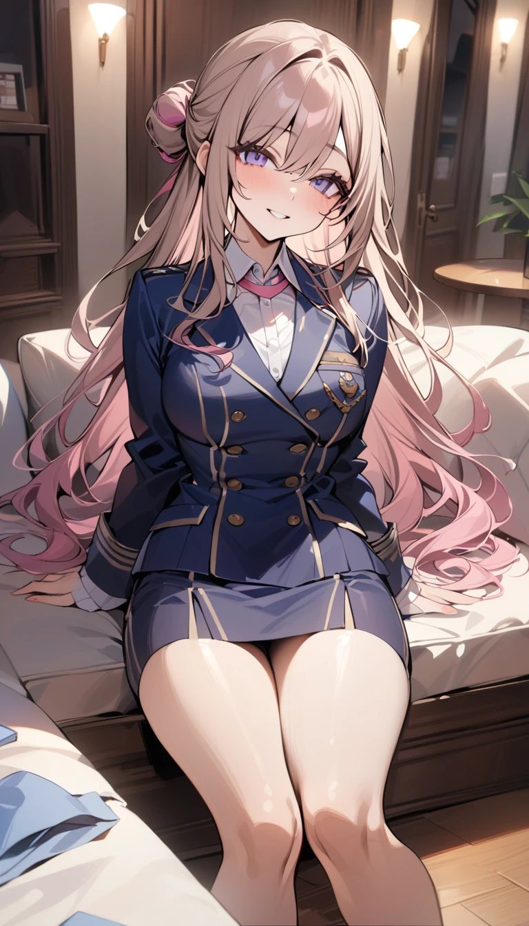 masterpiece、Highest quality、(nsfw:1.6)、One girl、18-year-old、cute、(Navy Blue Blazer:1.8、White long sleeve blouse:1.4、Lace collar、Gold Button、School emblem on breast pocket、Navy and white checked pleated skirt:1.5)、Colorful silver hair、Long Hair、Light blue eyes、Upper Body、blush、((Open clothes、Panty Lift、Elevate your legs、Leg spread))、Bra lift、garter、Large Breasts、Perfect nipples、Wide Hips、