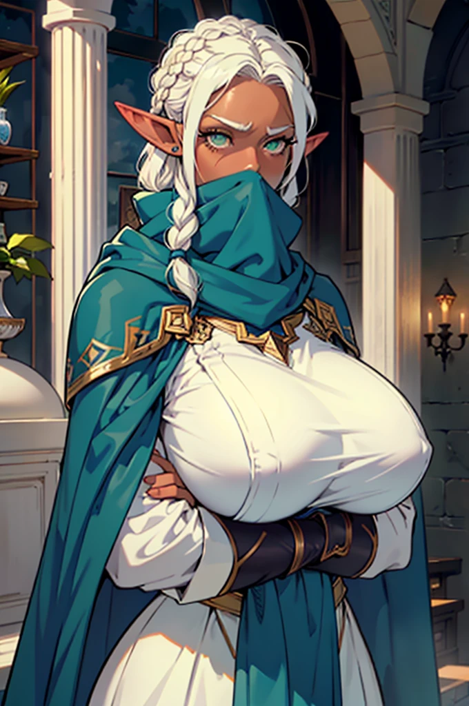 solo, ((dark skin)), white hair, french braid, elf, ((long elf ears)), (green eyes:1.2), (squinting:1.3), (((eyelashes))), collarbone, (((huge breast))), hour glass body, wide hips, blue scarf, ((scarf covering mouth)), blue cape, white captain outfit
