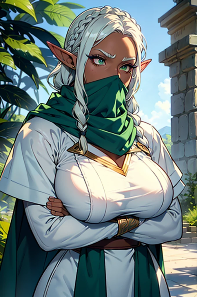 (tanned elf girl:1.2), (large tits), (long hair), (solo:1.2), (gradient brown background:1.2), (cloak hooded belts:1.2), (tit tattoo:1.2)