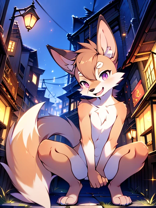 fox, **********, cute, (With two people), (((Has brown and white fur))), Big purple eyes, Blushing, smile, Open your mouth, walking, night, Ancient Asian cities, bright street lights, Blue and black slate road, Empty Streets, Starry Sky, Shadow, Detailed facial depiction, ((Accurate hand drawing)), レンブラントの光とShadow, Ultra-fine，high resolution，Completely naked，Naked，Naked，Full nudity，Nude，Barely，Fully visible，Spread your legs and point your crotch，Embarrassing，Embarrassed look，On all fours，Put your hands and feet on the ground，Sit like a dog，quadruped，Accurate hand and foot count，shame，A furry in heat，first round，Fantasy，Anime-style depiction，Male furry，