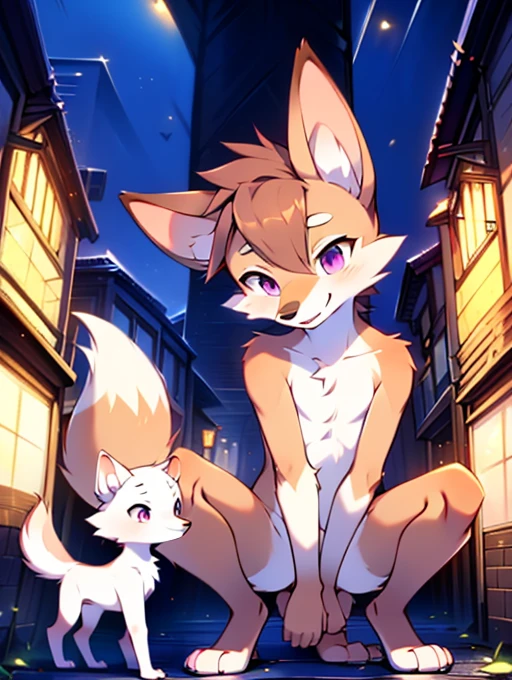 fox, **********, cute, (With two people), (((Has brown and white fur))), Big purple eyes, Blushing, smile, Open your mouth, walking, night, Ancient Asian cities, bright street lights, Blue and black slate road, Empty Streets, Starry Sky, Shadow, Detailed facial depiction, ((Accurate hand drawing)), レンブラントの光とShadow, Ultra-fine，high resolution，Completely naked，Naked，Naked，Full nudity，Nude，Barely，Fully visible，Spread your legs and point your crotch，Embarrassing，Embarrassed look，On all fours，Put your hands and feet on the ground，Sit like a dog，quadruped，Accurate hand and foot count，shame，A furry in heat，first round，Fantasy，Anime-style depiction，Male furry，