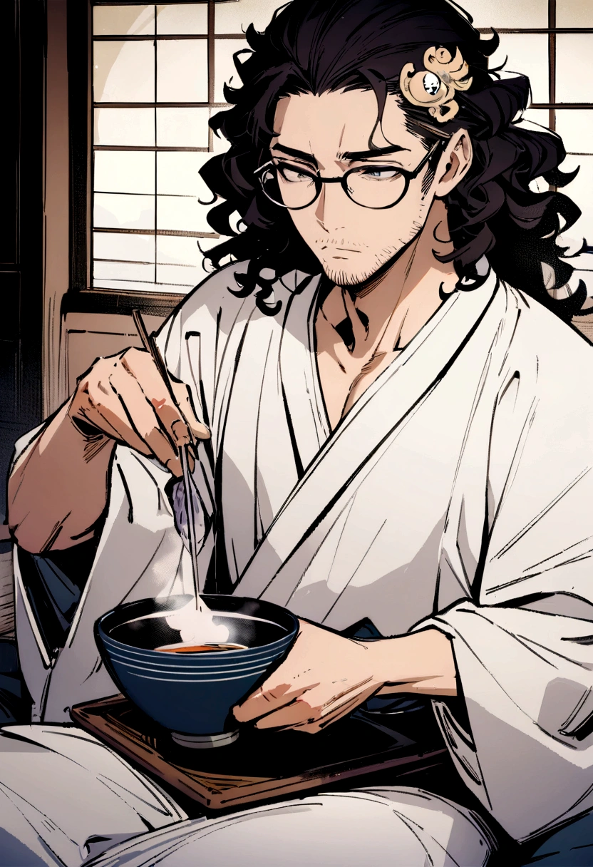 ((masterpiece), (best quality), (highly detailed)), 1 Asia man with stubble, slightly curly hair, and black square plastic-framed glasses, preparing tea, sitting on fine cushions, Ukiyo-e style (hair ornament:1.2), Accessory